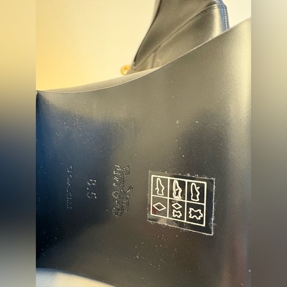 Coach MEL Black leather Combat Boots round toe block heel Gold Chain women's 8.5 - Picture 8 of 10